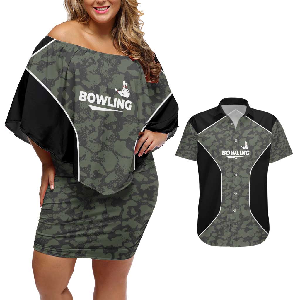 Custom Camouflage Bowling Couples Matching Off Shoulder Short Dress and Hawaiian Shirt with Red Strike Ball Graphic - Wonder Print Shop