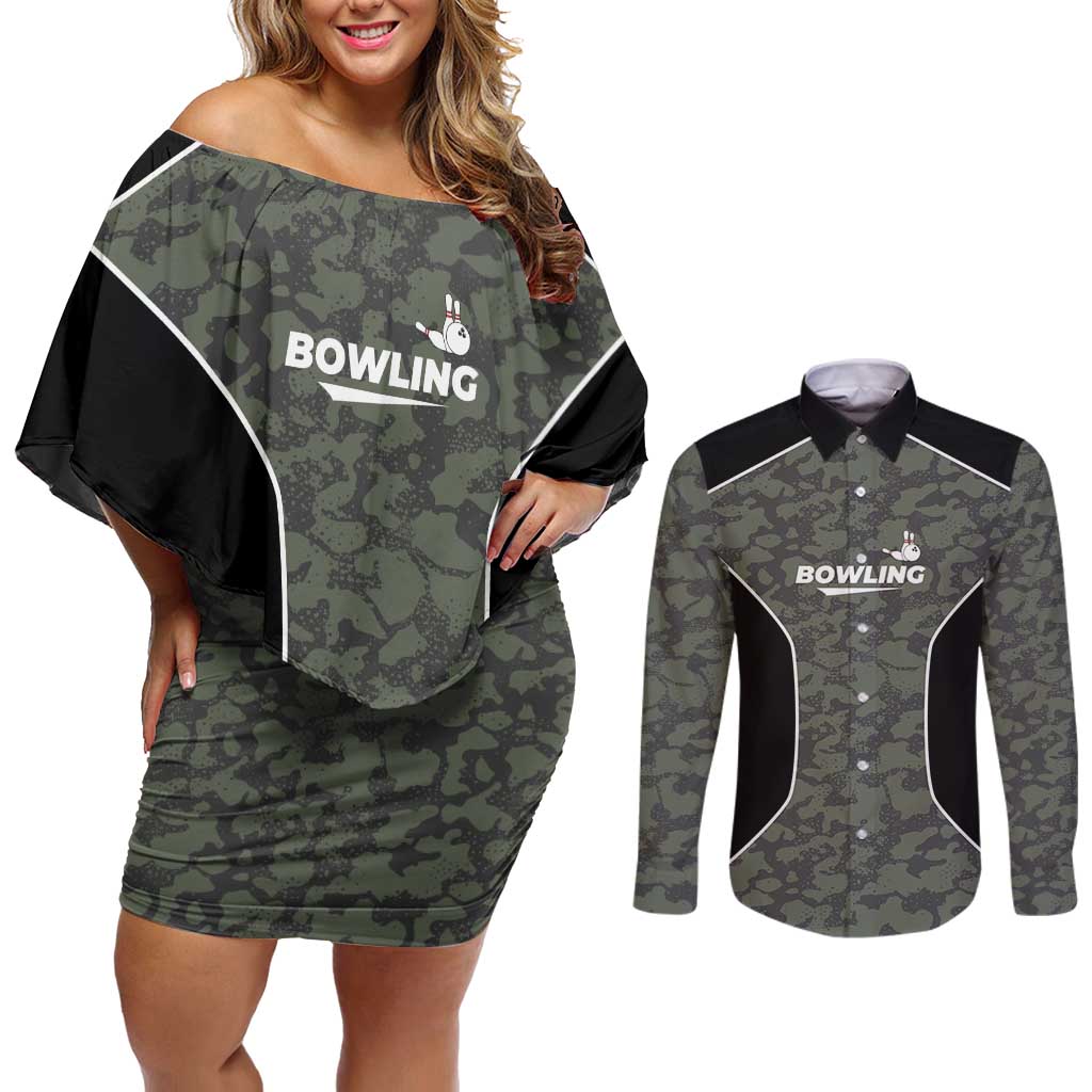 Custom Camouflage Bowling Couples Matching Off Shoulder Short Dress and Long Sleeve Button Shirt with Red Strike Ball Graphic - Wonder Print Shop