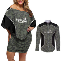 Custom Camouflage Bowling Couples Matching Off Shoulder Short Dress and Long Sleeve Button Shirt with Red Strike Ball Graphic - Wonder Print Shop