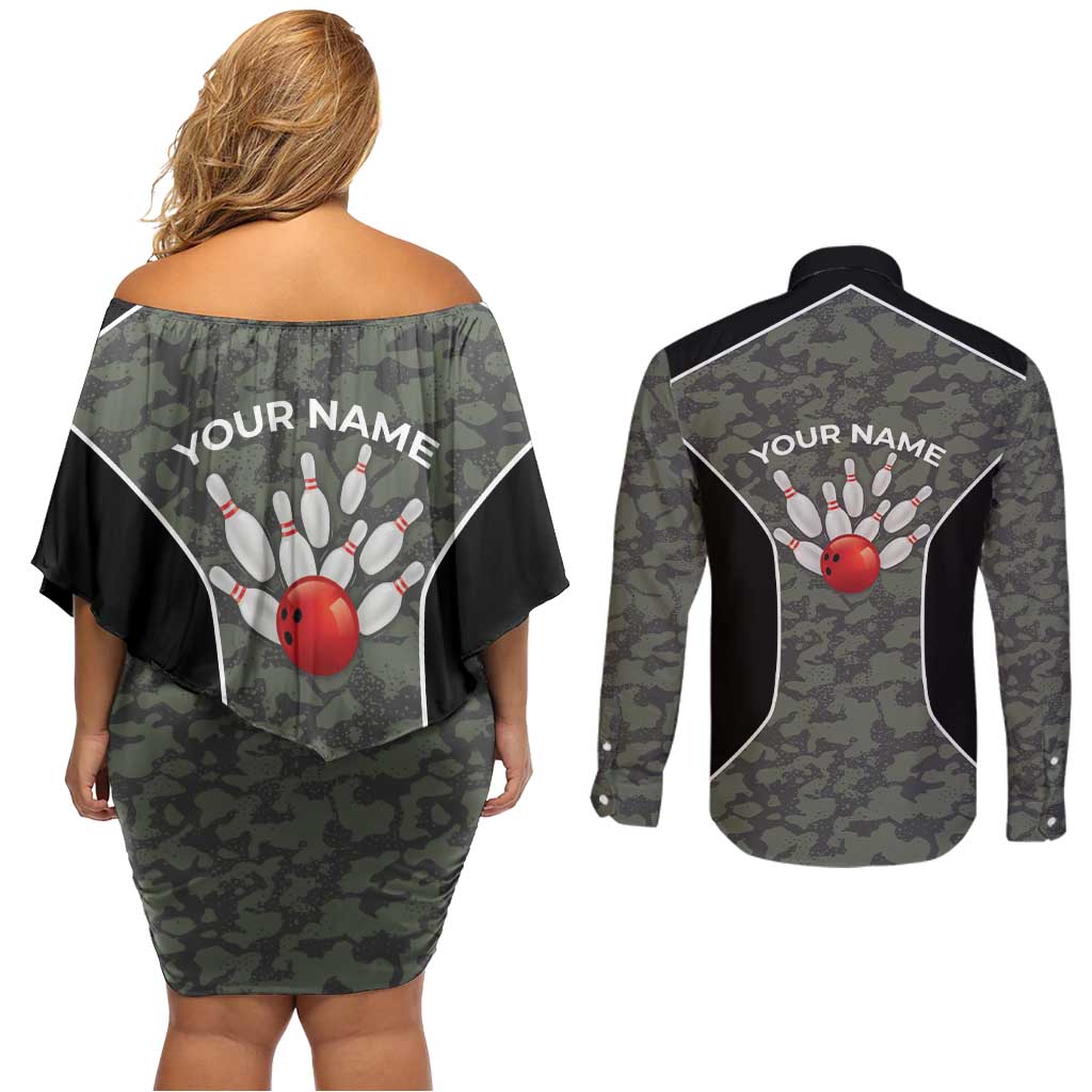 Custom Camouflage Bowling Couples Matching Off Shoulder Short Dress and Long Sleeve Button Shirt with Red Strike Ball Graphic - Wonder Print Shop