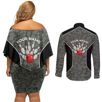Custom Camouflage Bowling Couples Matching Off Shoulder Short Dress and Long Sleeve Button Shirt with Red Strike Ball Graphic - Wonder Print Shop
