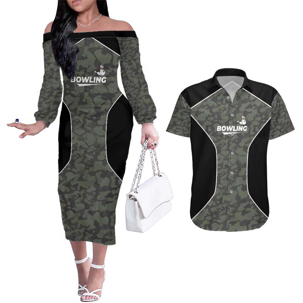 Custom Camouflage Bowling Couples Matching Off The Shoulder Long Sleeve Dress and Hawaiian Shirt with Red Strike Ball Graphic - Wonder Print Shop