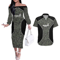 Custom Camouflage Bowling Couples Matching Off The Shoulder Long Sleeve Dress and Hawaiian Shirt with Red Strike Ball Graphic - Wonder Print Shop