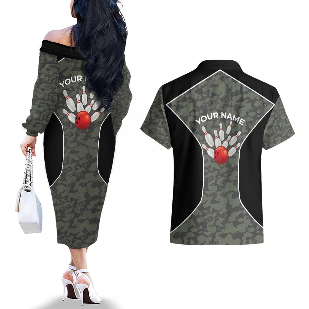 Custom Camouflage Bowling Couples Matching Off The Shoulder Long Sleeve Dress and Hawaiian Shirt with Red Strike Ball Graphic - Wonder Print Shop