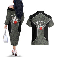 Custom Camouflage Bowling Couples Matching Off The Shoulder Long Sleeve Dress and Hawaiian Shirt with Red Strike Ball Graphic - Wonder Print Shop