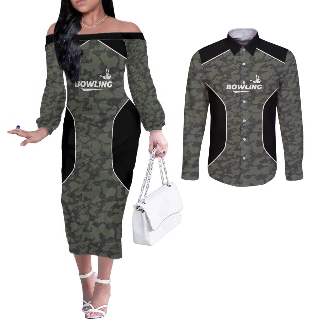 Custom Camouflage Bowling Couples Matching Off The Shoulder Long Sleeve Dress and Long Sleeve Button Shirt with Red Strike Ball Graphic - Wonder Print Shop