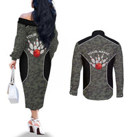 Custom Camouflage Bowling Couples Matching Off The Shoulder Long Sleeve Dress and Long Sleeve Button Shirt with Red Strike Ball Graphic - Wonder Print Shop