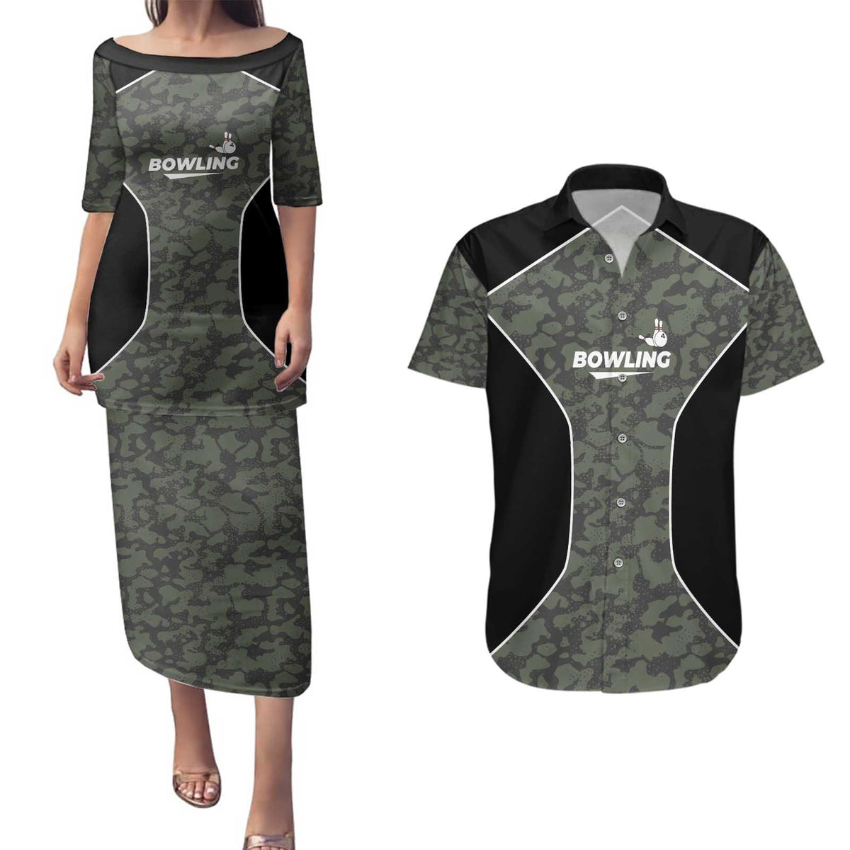 Custom Camouflage Bowling Couples Matching Puletasi and Hawaiian Shirt with Red Strike Ball Graphic - Wonder Print Shop