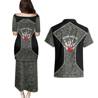 Custom Camouflage Bowling Couples Matching Puletasi and Hawaiian Shirt with Red Strike Ball Graphic - Wonder Print Shop