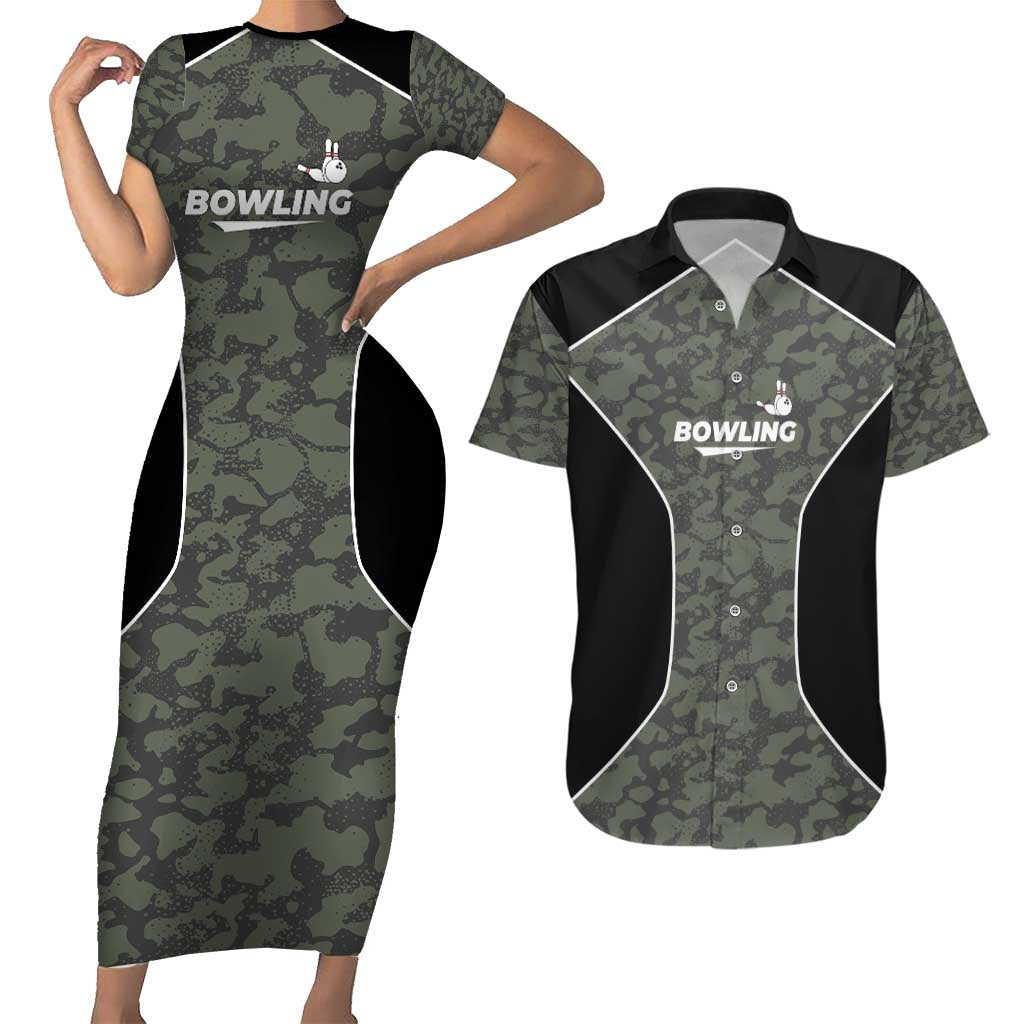 Custom Camouflage Bowling Couples Matching Short Sleeve Bodycon Dress and Hawaiian Shirt with Red Strike Ball Graphic - Wonder Print Shop