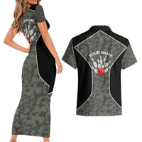Custom Camouflage Bowling Couples Matching Short Sleeve Bodycon Dress and Hawaiian Shirt with Red Strike Ball Graphic - Wonder Print Shop