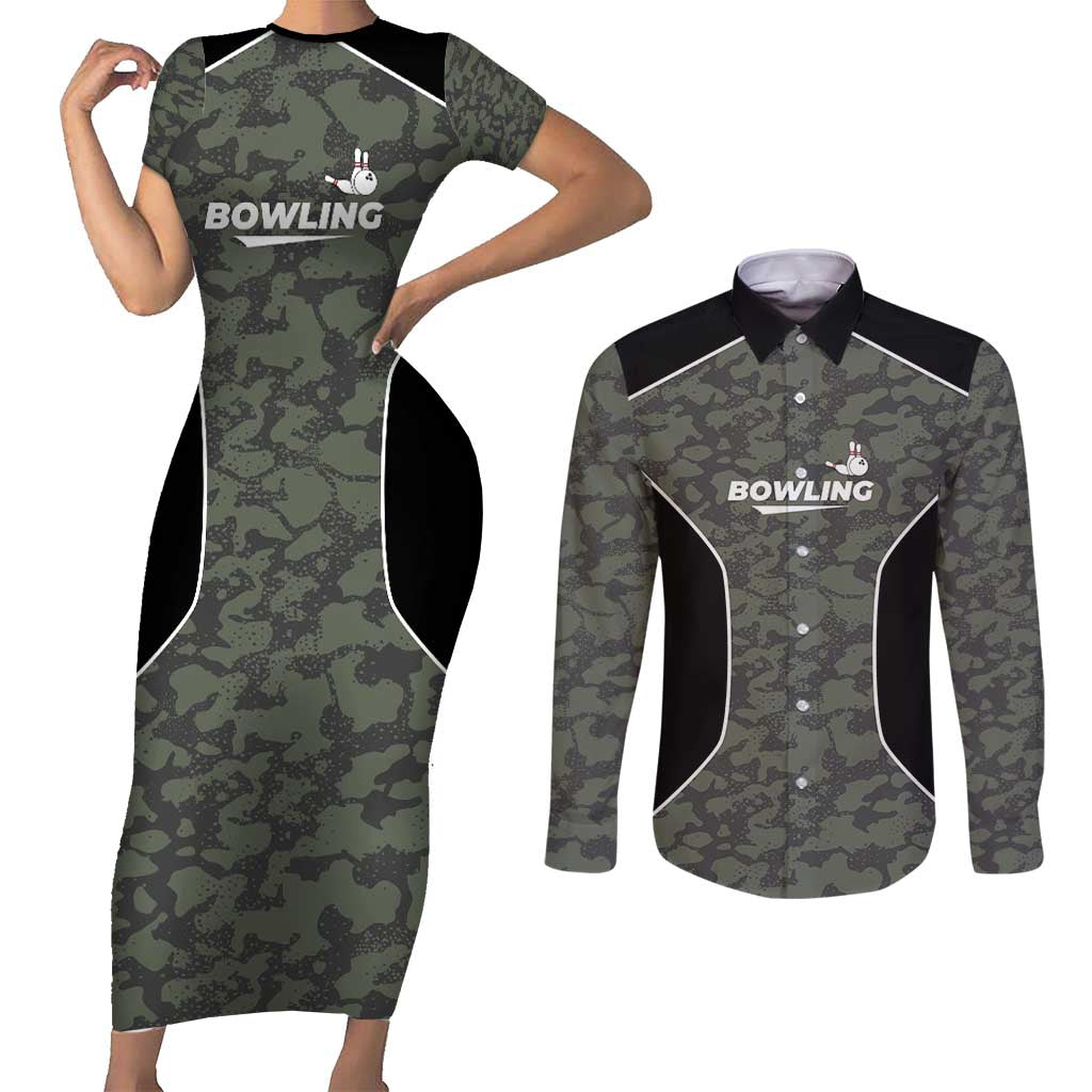 Custom Camouflage Bowling Couples Matching Short Sleeve Bodycon Dress and Long Sleeve Button Shirt with Red Strike Ball Graphic - Wonder Print Shop