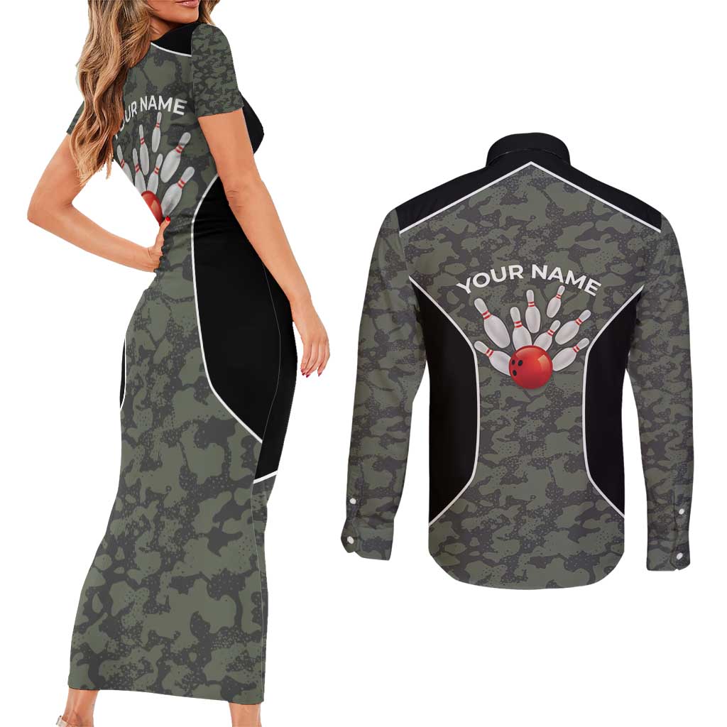 Custom Camouflage Bowling Couples Matching Short Sleeve Bodycon Dress and Long Sleeve Button Shirt with Red Strike Ball Graphic - Wonder Print Shop