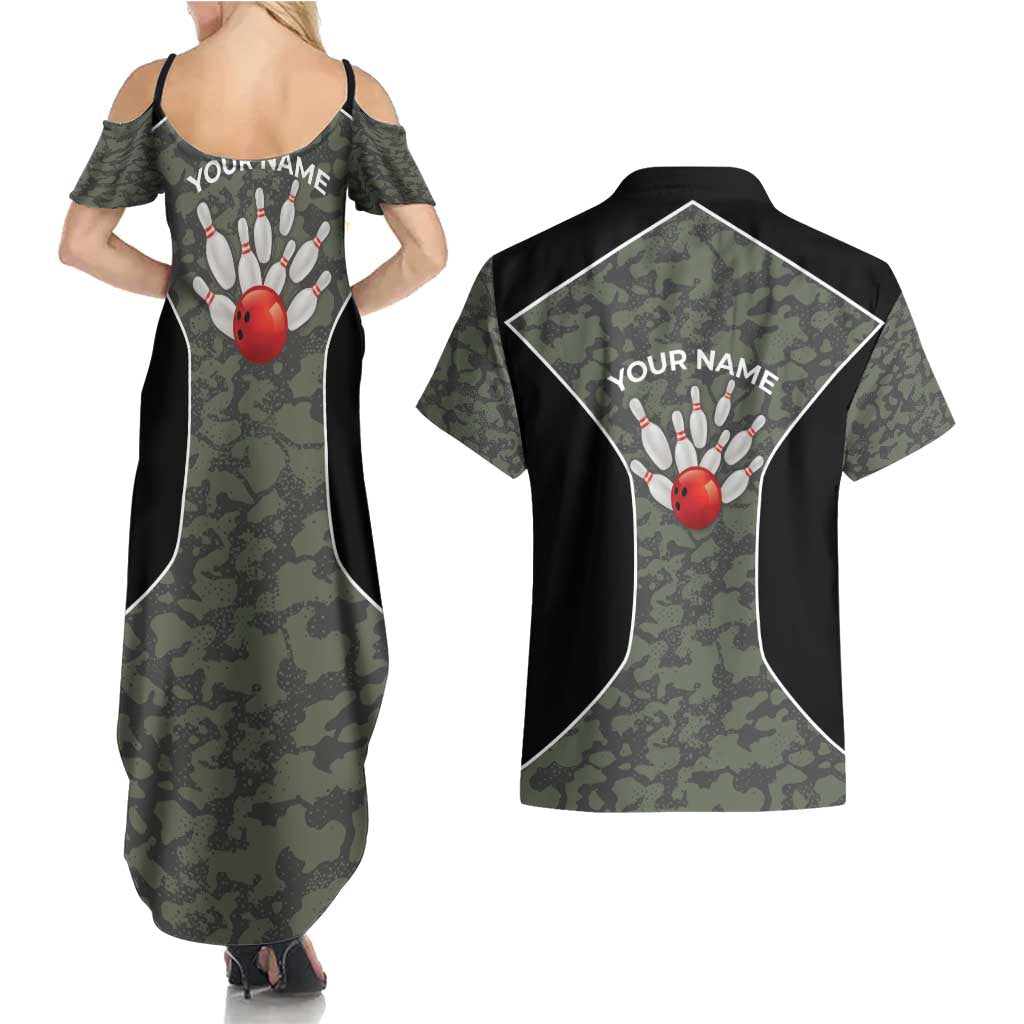 Custom Camouflage Bowling Couples Matching Summer Maxi Dress and Hawaiian Shirt with Red Strike Ball Graphic - Wonder Print Shop