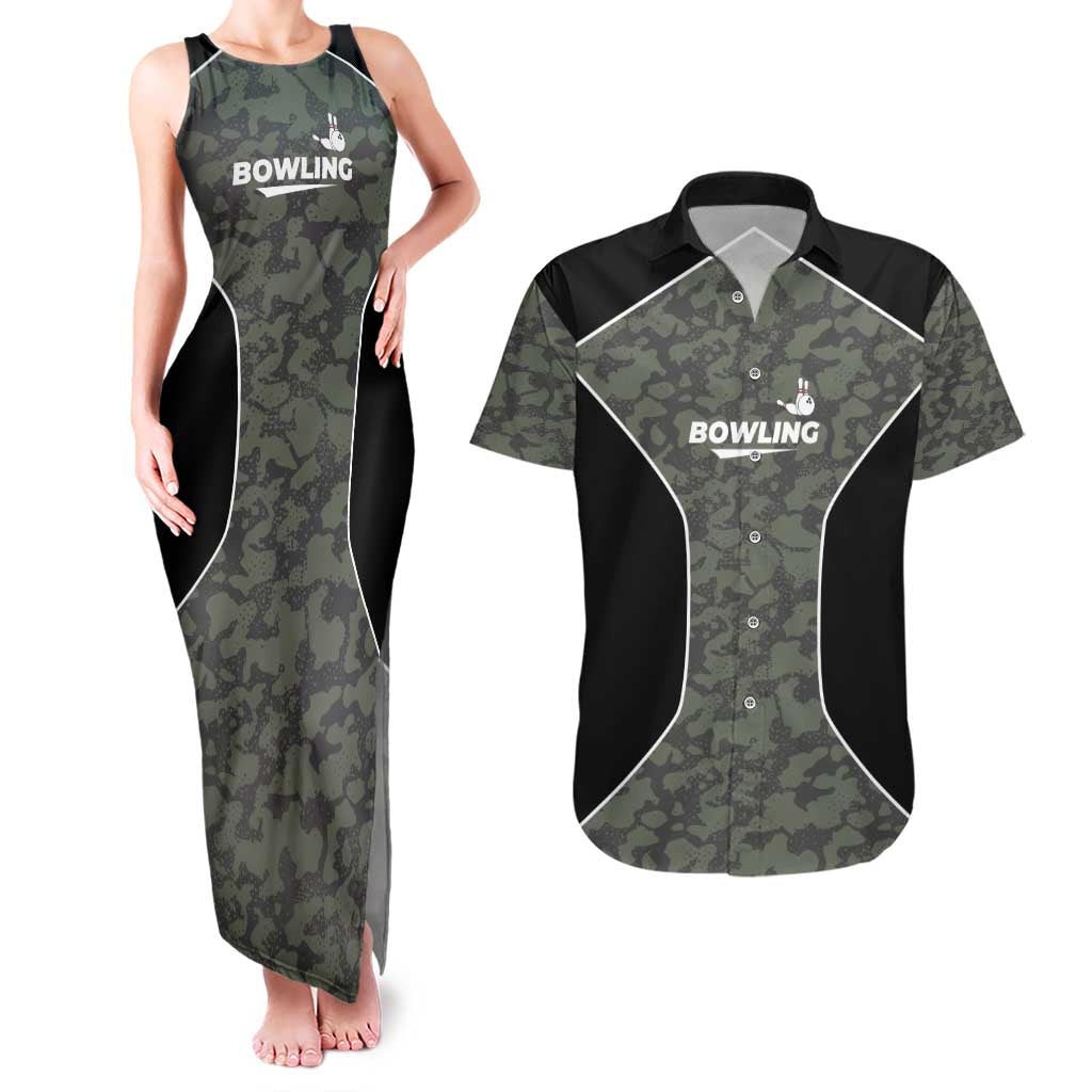 Custom Camouflage Bowling Couples Matching Tank Maxi Dress and Hawaiian Shirt with Red Strike Ball Graphic - Wonder Print Shop