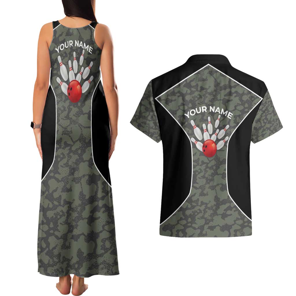 Custom Camouflage Bowling Couples Matching Tank Maxi Dress and Hawaiian Shirt with Red Strike Ball Graphic - Wonder Print Shop