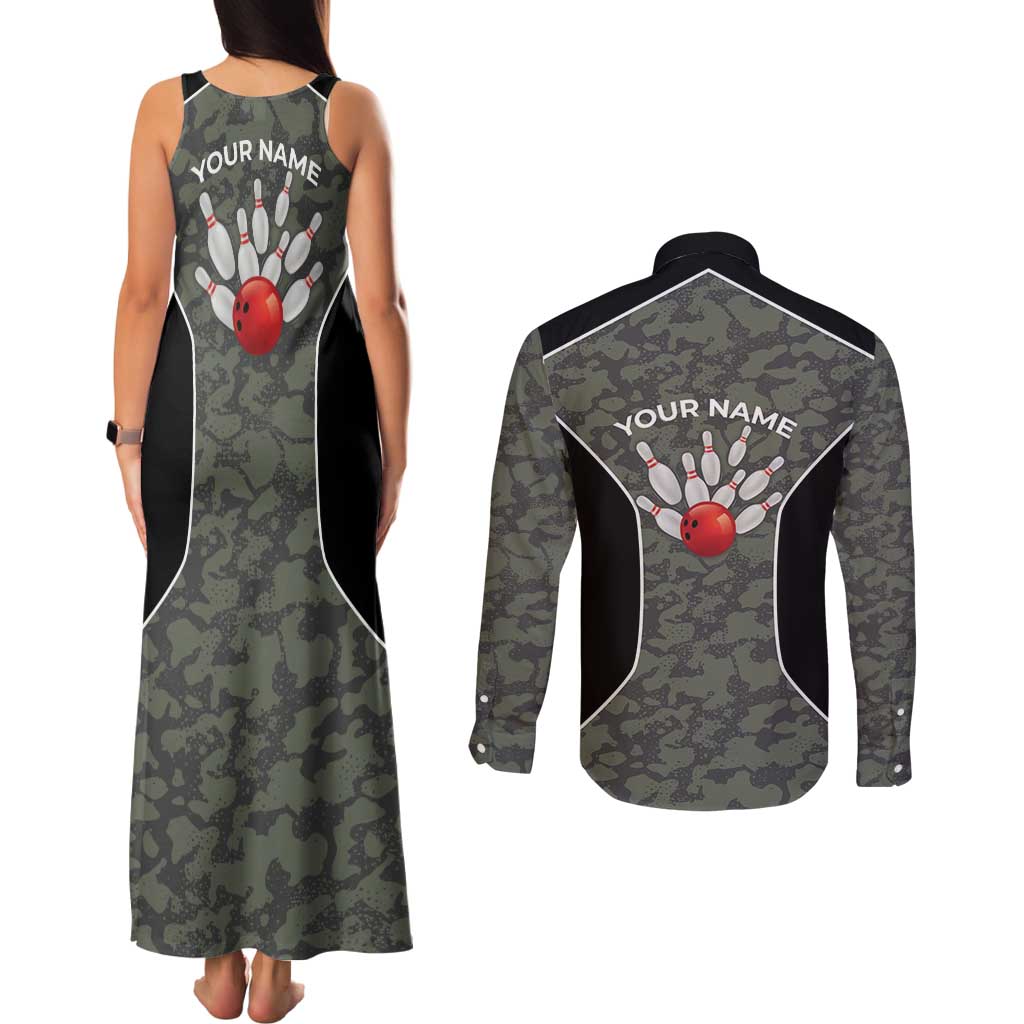 Custom Camouflage Bowling Couples Matching Tank Maxi Dress and Long Sleeve Button Shirt with Red Strike Ball Graphic - Wonder Print Shop