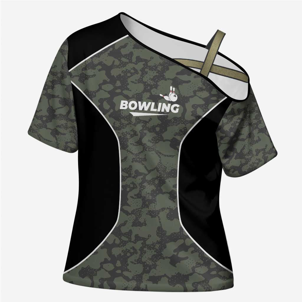 Custom Camouflage Bowling Cross Shoulder Shirt with Red Strike Ball Graphic - Wonder Print Shop