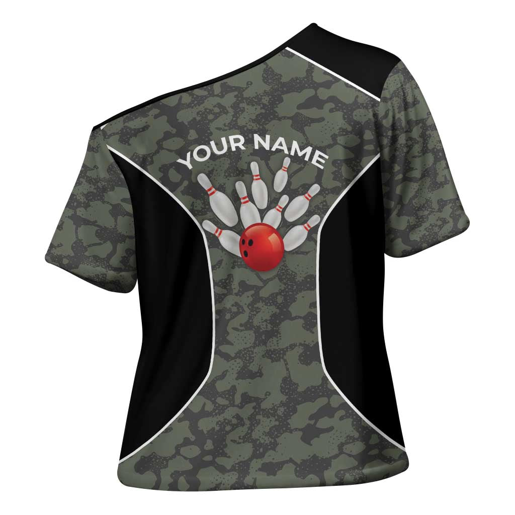 Custom Camouflage Bowling Cross Shoulder Shirt with Red Strike Ball Graphic - Wonder Print Shop