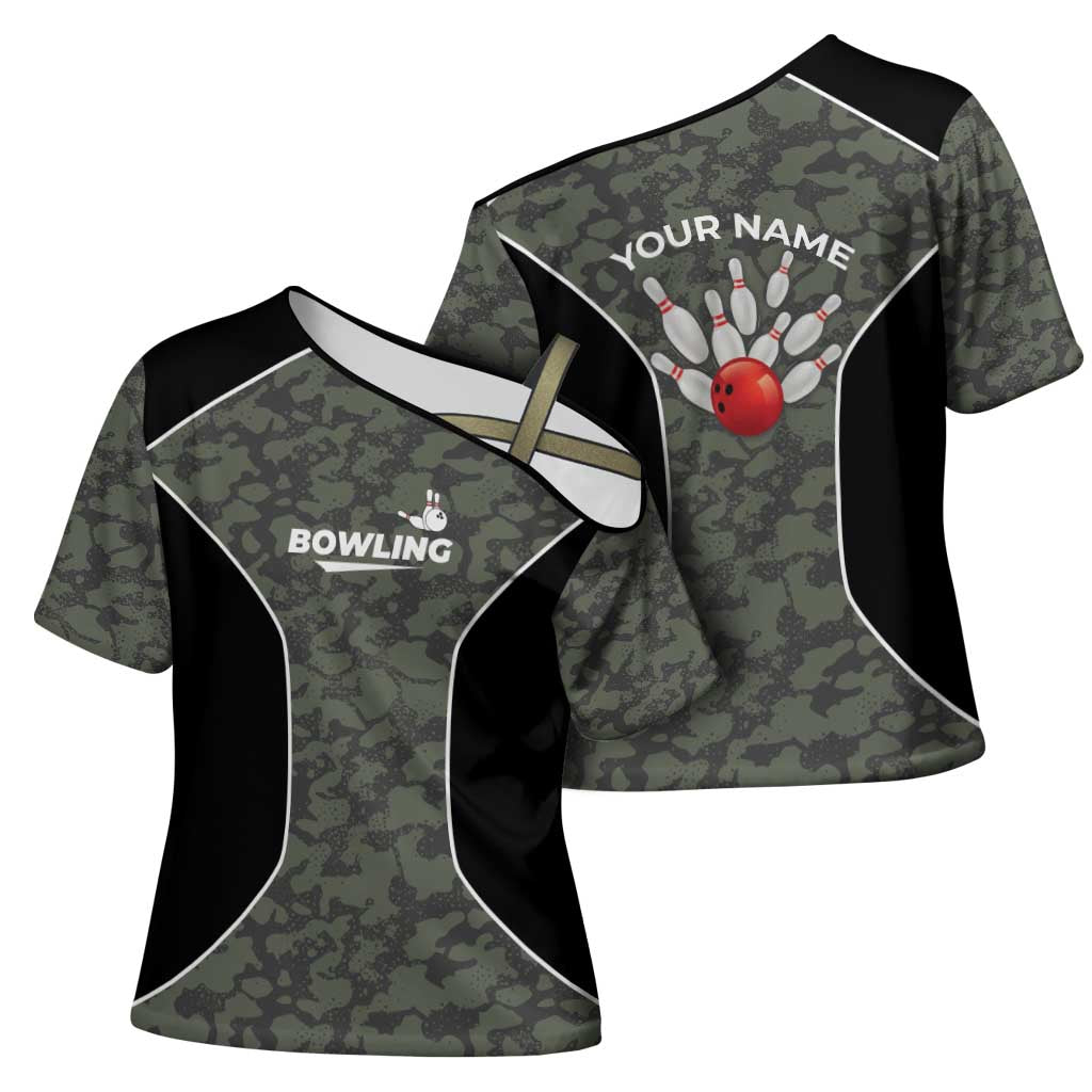 Custom Camouflage Bowling Cross Shoulder Shirt with Red Strike Ball Graphic - Wonder Print Shop