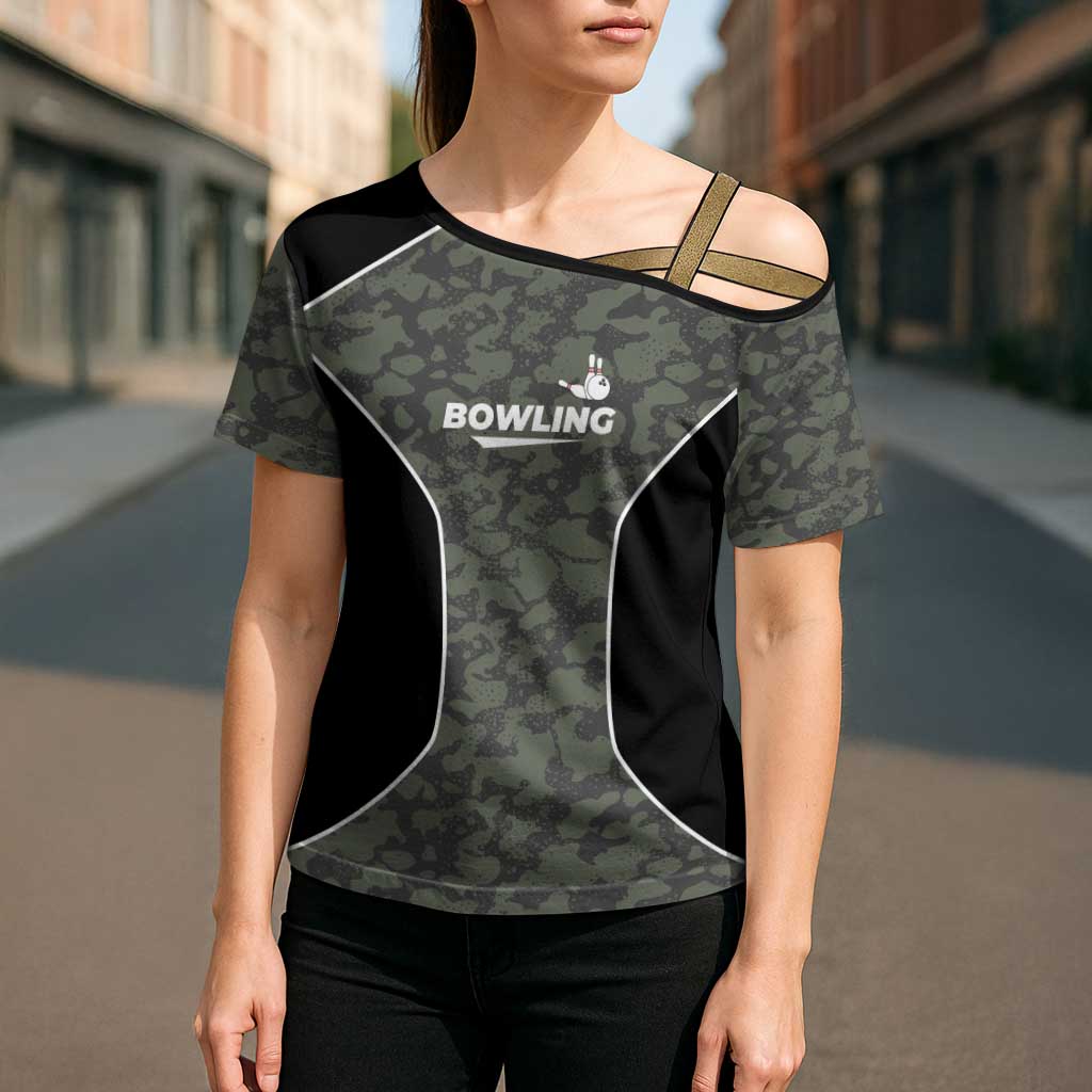 Custom Camouflage Bowling Cross Shoulder Shirt with Red Strike Ball Graphic - Wonder Print Shop