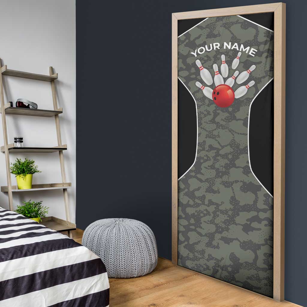 Custom Camouflage Bowling Door Cover with Red Strike Ball Graphic - Wonder Print Shop