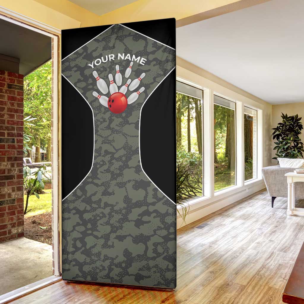 Custom Camouflage Bowling Door Cover with Red Strike Ball Graphic - Wonder Print Shop