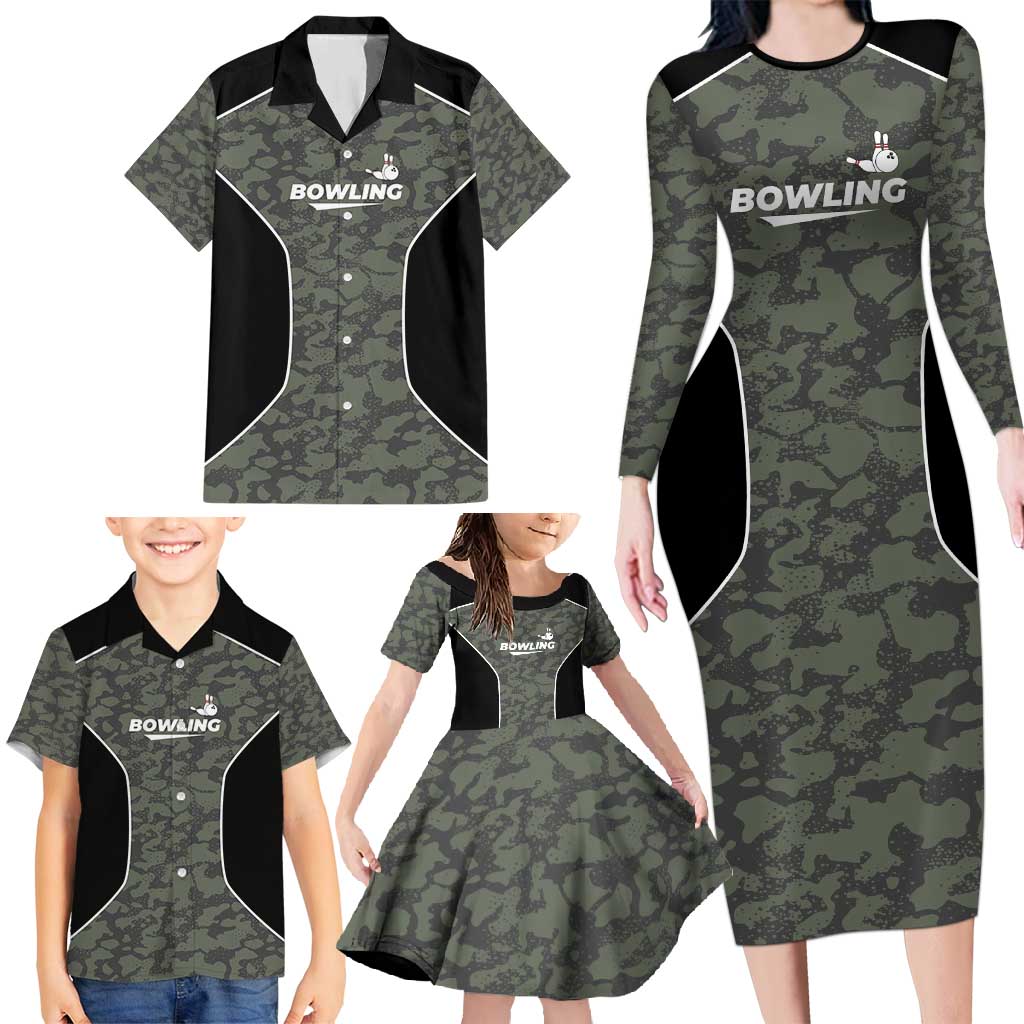 Custom Camouflage Bowling Family Matching Long Sleeve Bodycon Dress and Hawaiian Shirt with Red Strike Ball Graphic - Wonder Print Shop