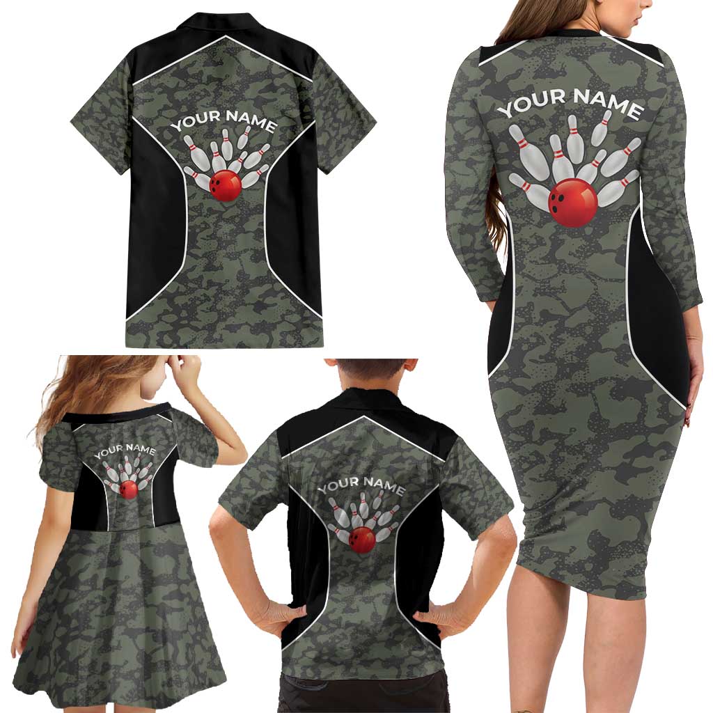 Custom Camouflage Bowling Family Matching Long Sleeve Bodycon Dress and Hawaiian Shirt with Red Strike Ball Graphic - Wonder Print Shop