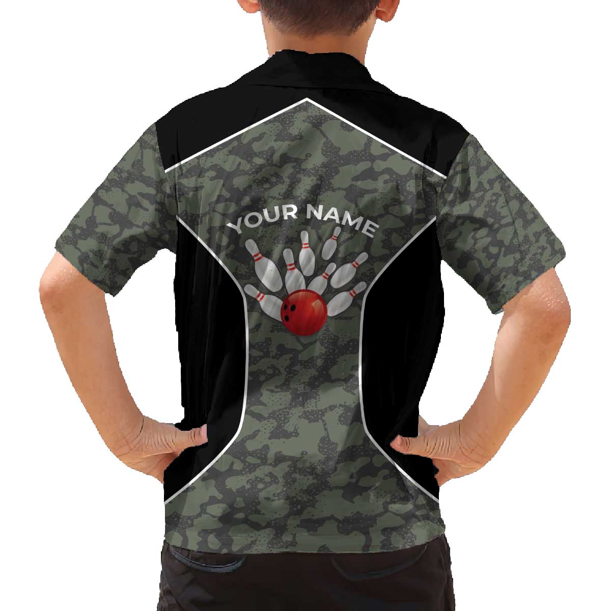 Custom Camouflage Bowling Family Matching Off The Shoulder Long Sleeve Dress and Hawaiian Shirt with Red Strike Ball Graphic - Wonder Print Shop