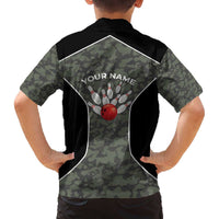 Custom Camouflage Bowling Family Matching Off The Shoulder Long Sleeve Dress and Hawaiian Shirt with Red Strike Ball Graphic - Wonder Print Shop