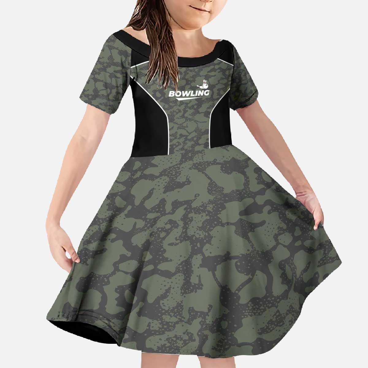 Custom Camouflage Bowling Family Matching Off The Shoulder Long Sleeve Dress and Hawaiian Shirt with Red Strike Ball Graphic - Wonder Print Shop