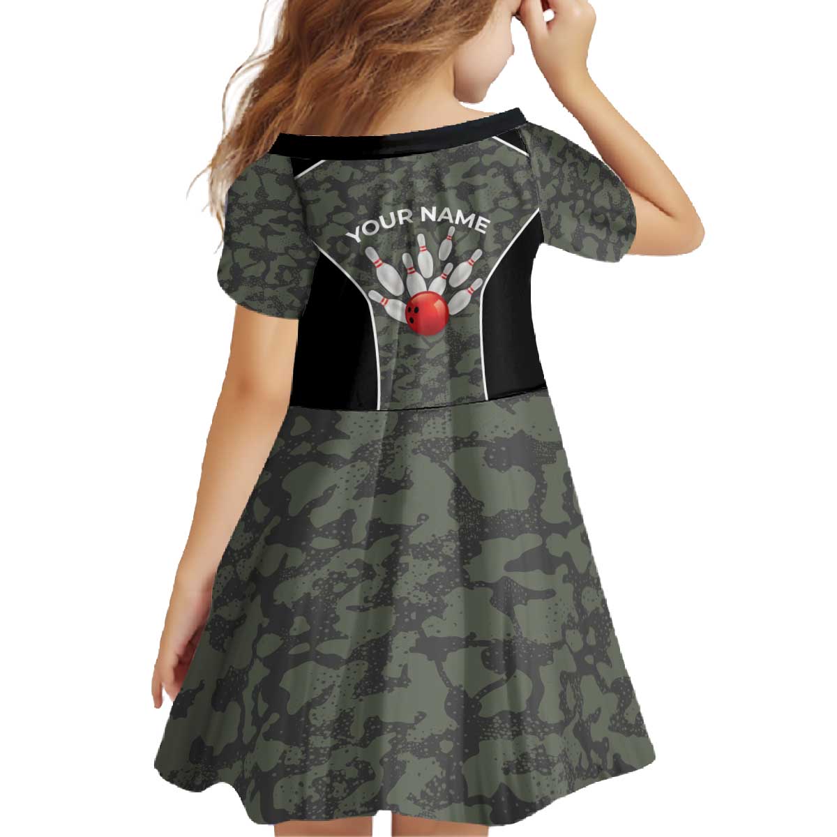 Custom Camouflage Bowling Family Matching Off The Shoulder Long Sleeve Dress and Hawaiian Shirt with Red Strike Ball Graphic - Wonder Print Shop
