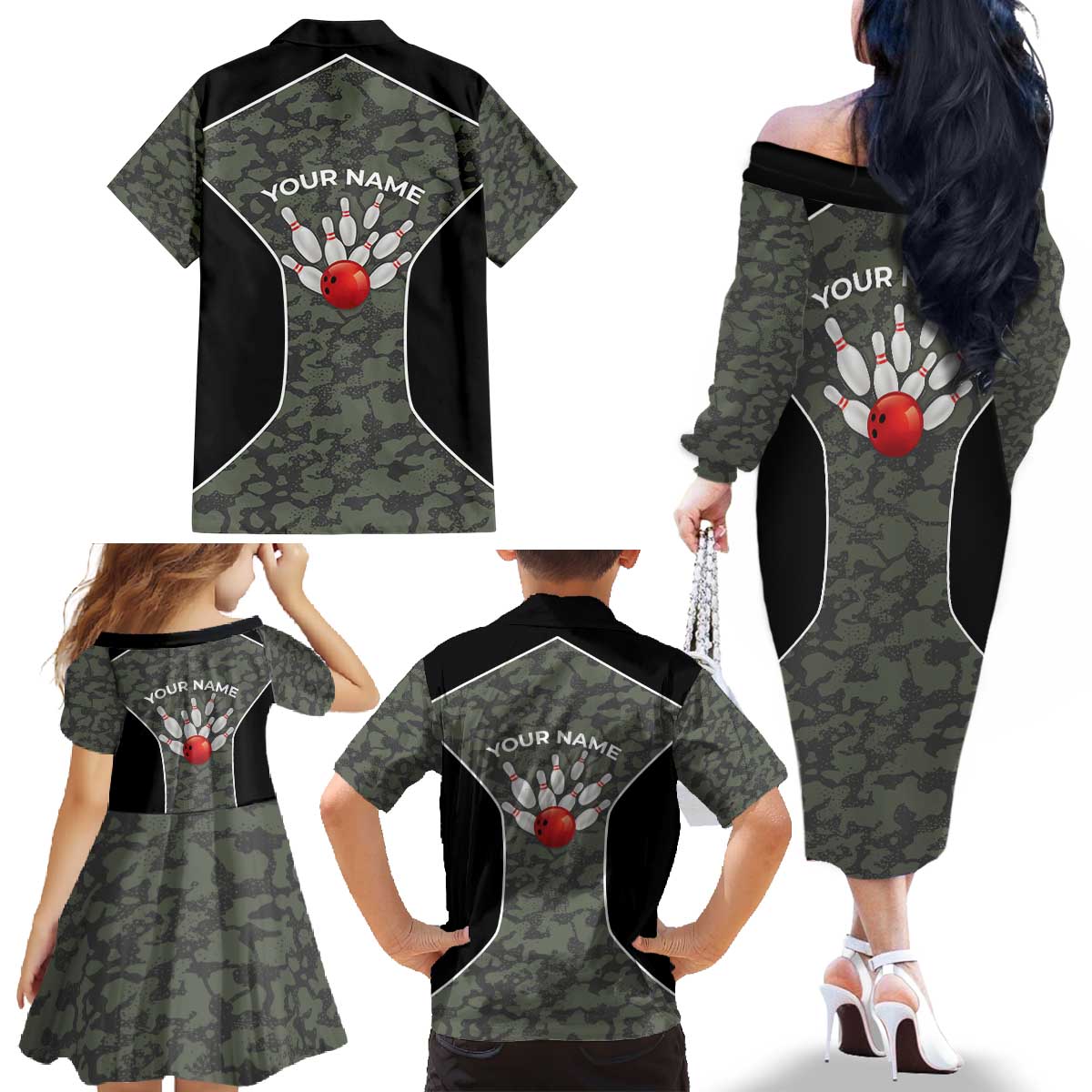 Custom Camouflage Bowling Family Matching Off The Shoulder Long Sleeve Dress and Hawaiian Shirt with Red Strike Ball Graphic - Wonder Print Shop