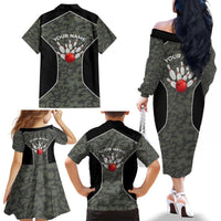 Custom Camouflage Bowling Family Matching Off The Shoulder Long Sleeve Dress and Hawaiian Shirt with Red Strike Ball Graphic - Wonder Print Shop