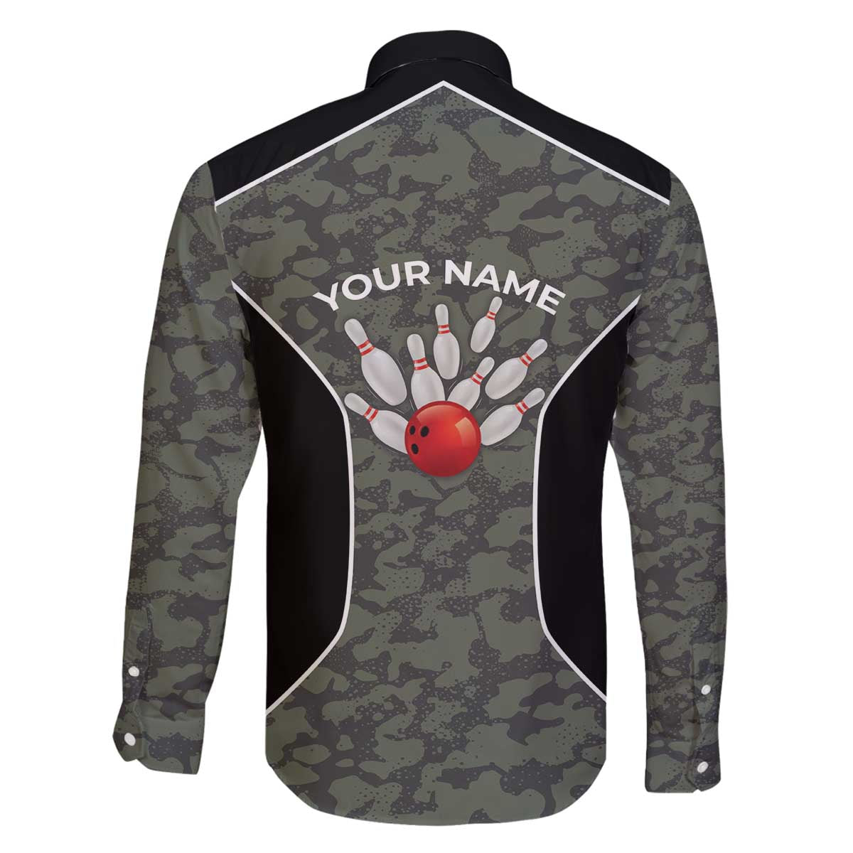 Custom Camouflage Bowling Family Matching Off The Shoulder Long Sleeve Dress and Hawaiian Shirt with Red Strike Ball Graphic - Wonder Print Shop
