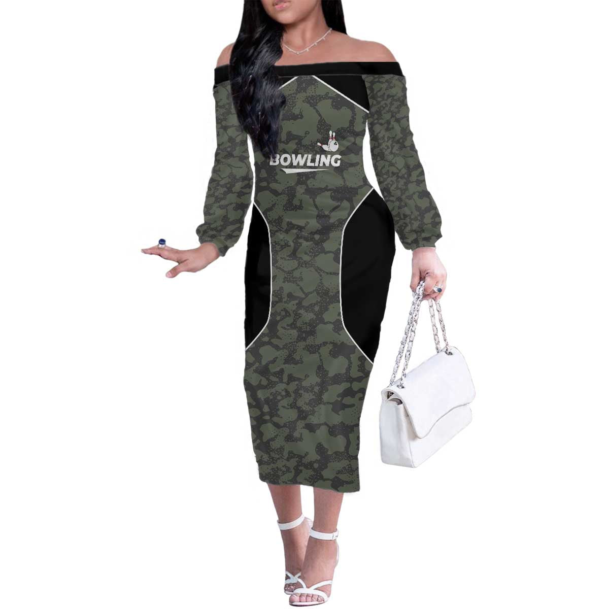Custom Camouflage Bowling Family Matching Off The Shoulder Long Sleeve Dress and Hawaiian Shirt with Red Strike Ball Graphic - Wonder Print Shop