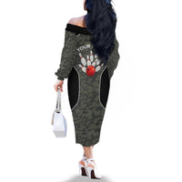 Custom Camouflage Bowling Family Matching Off The Shoulder Long Sleeve Dress and Hawaiian Shirt with Red Strike Ball Graphic - Wonder Print Shop