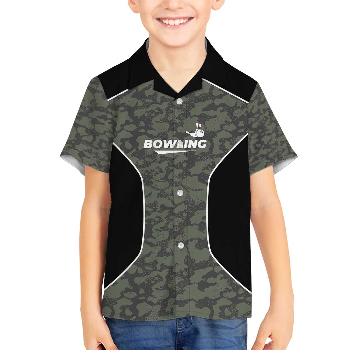 Custom Camouflage Bowling Family Matching Off The Shoulder Long Sleeve Dress and Hawaiian Shirt with Red Strike Ball Graphic - Wonder Print Shop