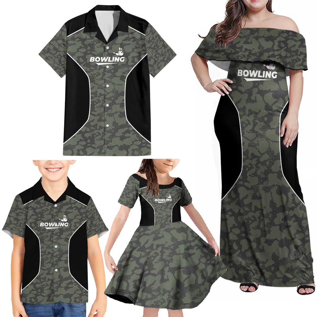 Custom Camouflage Bowling Family Matching Off Shoulder Maxi Dress and Hawaiian Shirt with Red Strike Ball Graphic - Wonder Print Shop