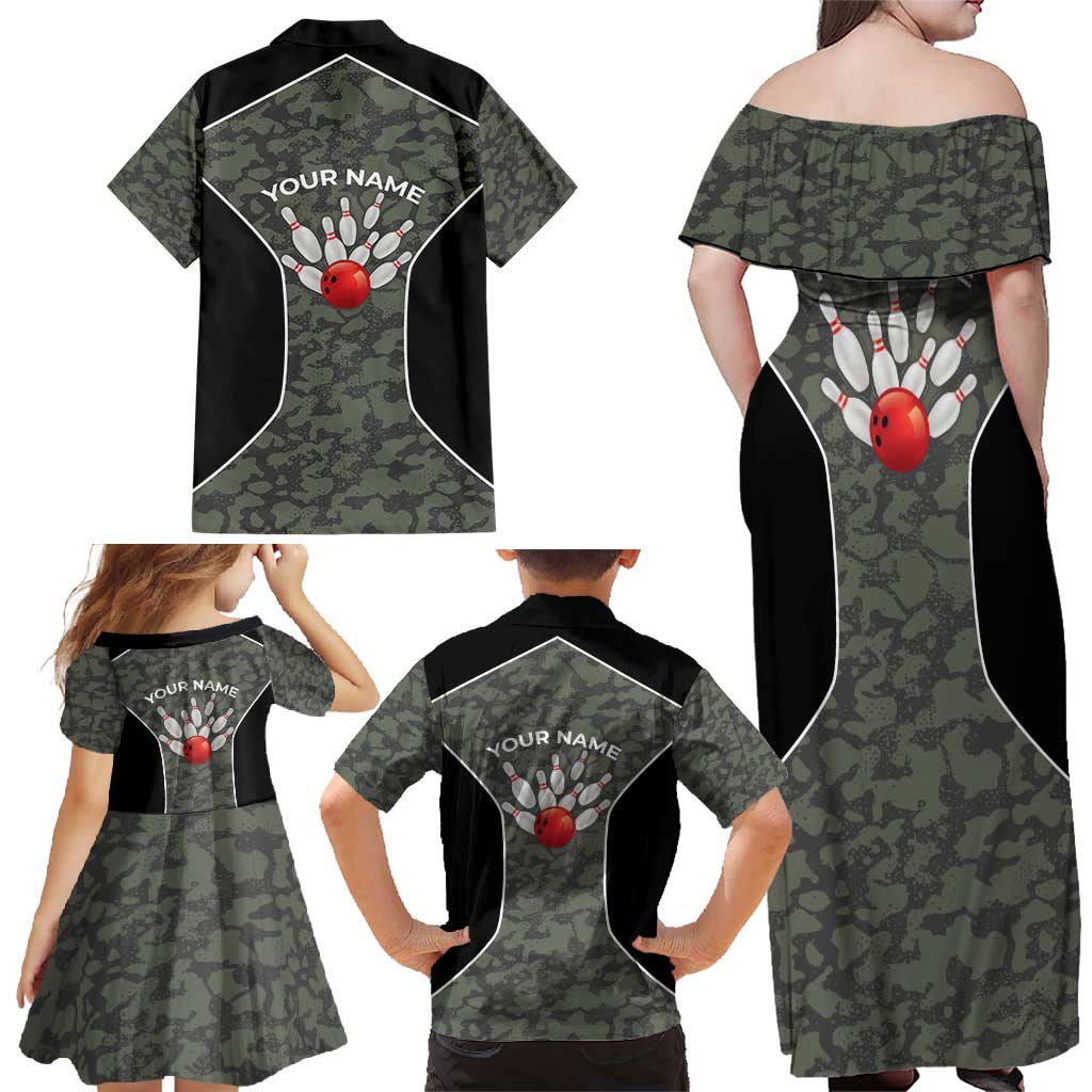 Custom Camouflage Bowling Family Matching Off Shoulder Maxi Dress and Hawaiian Shirt with Red Strike Ball Graphic - Wonder Print Shop
