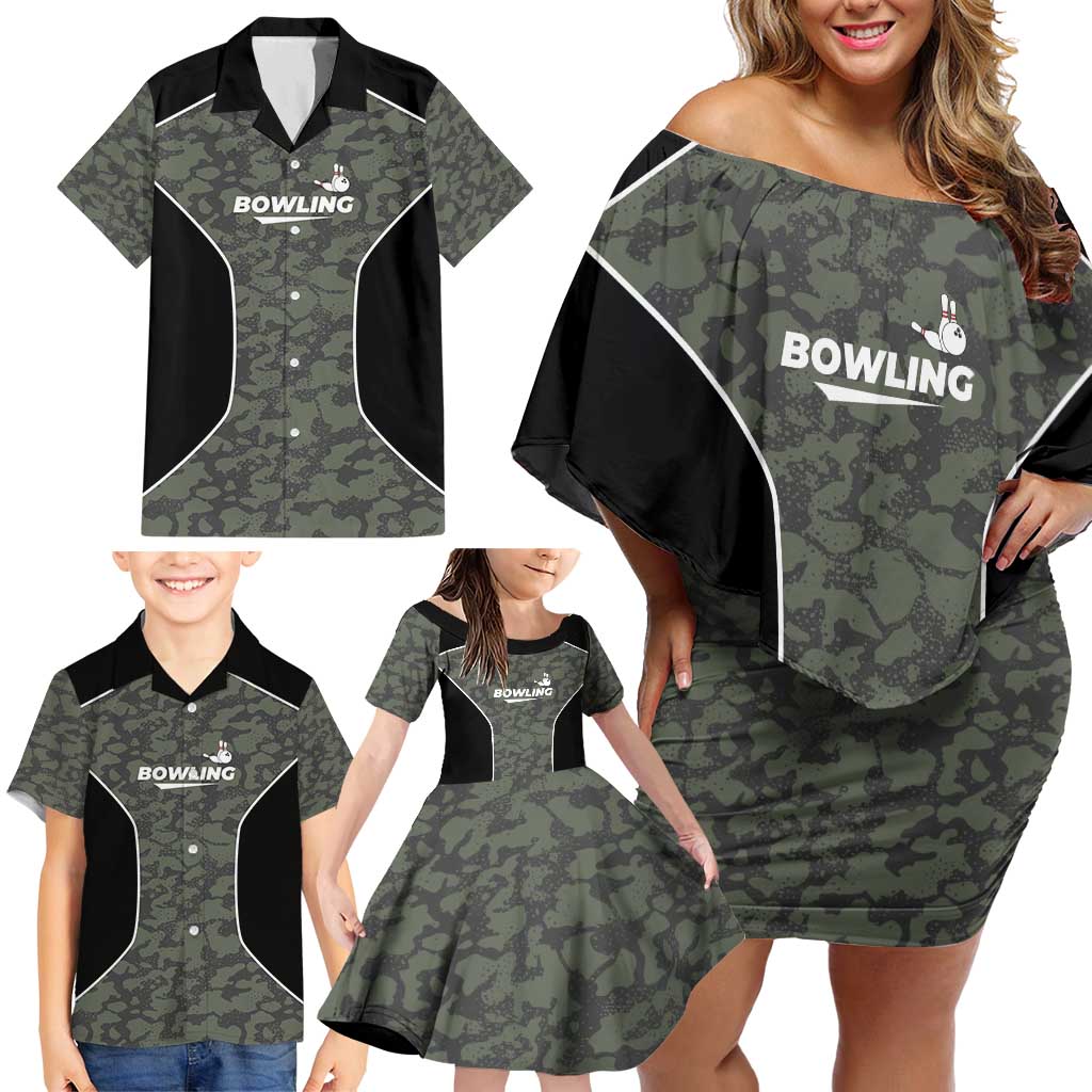 Custom Camouflage Bowling Family Matching Off Shoulder Short Dress and Hawaiian Shirt with Red Strike Ball Graphic - Wonder Print Shop