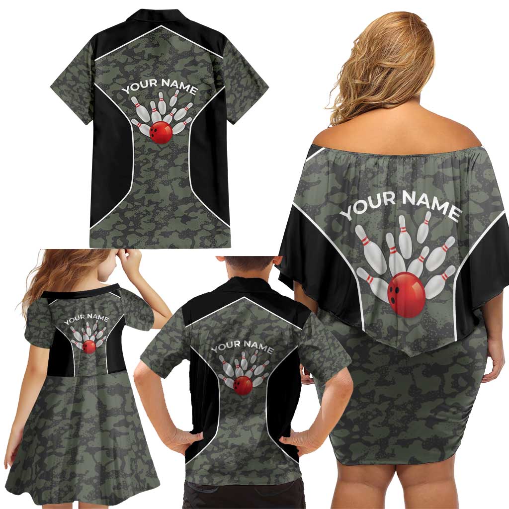 Custom Camouflage Bowling Family Matching Off Shoulder Short Dress and Hawaiian Shirt with Red Strike Ball Graphic - Wonder Print Shop