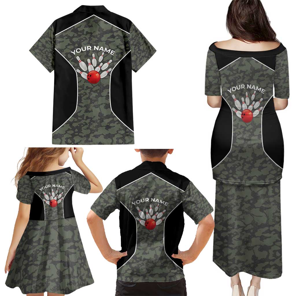 Custom Camouflage Bowling Family Matching Puletasi and Hawaiian Shirt with Red Strike Ball Graphic - Wonder Print Shop