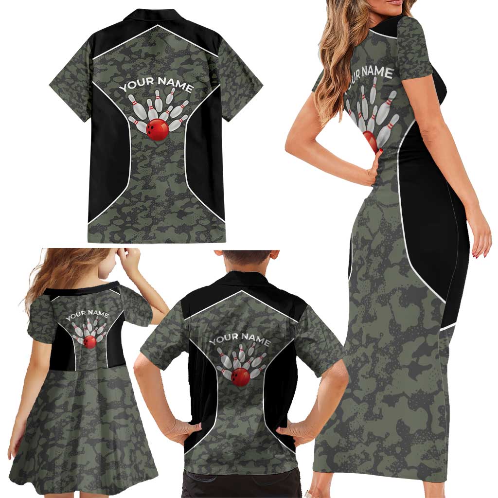 Custom Camouflage Bowling Family Matching Short Sleeve Bodycon Dress and Hawaiian Shirt with Red Strike Ball Graphic - Wonder Print Shop