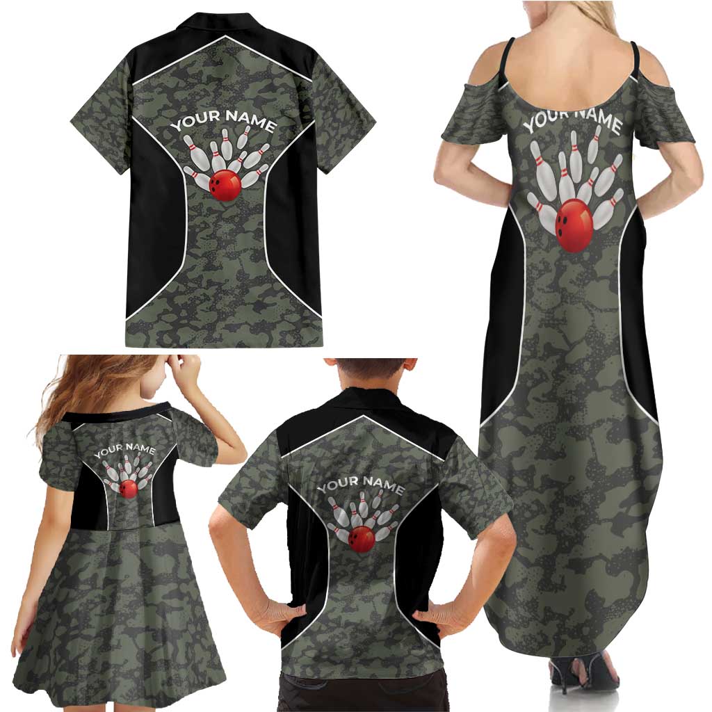 Custom Camouflage Bowling Family Matching Summer Maxi Dress and Hawaiian Shirt with Red Strike Ball Graphic - Wonder Print Shop