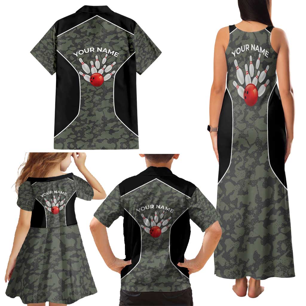 Custom Camouflage Bowling Family Matching Tank Maxi Dress and Hawaiian Shirt with Red Strike Ball Graphic - Wonder Print Shop