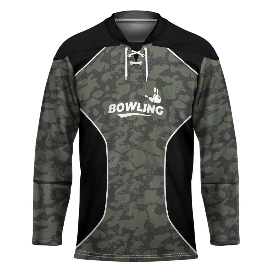 Custom Camouflage Bowling Hockey Jersey with Red Strike Ball Graphic - Wonder Print Shop