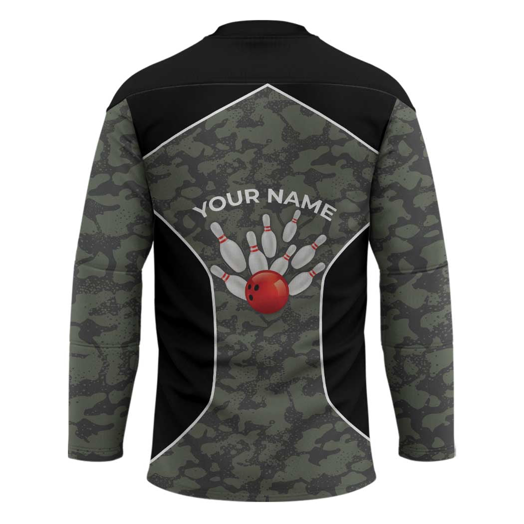 Custom Camouflage Bowling Hockey Jersey with Red Strike Ball Graphic - Wonder Print Shop