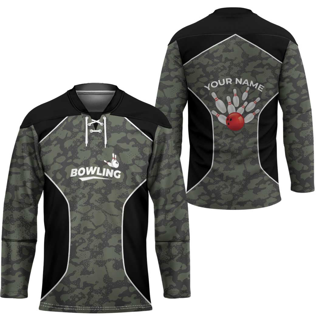 Custom Camouflage Bowling Hockey Jersey with Red Strike Ball Graphic - Wonder Print Shop